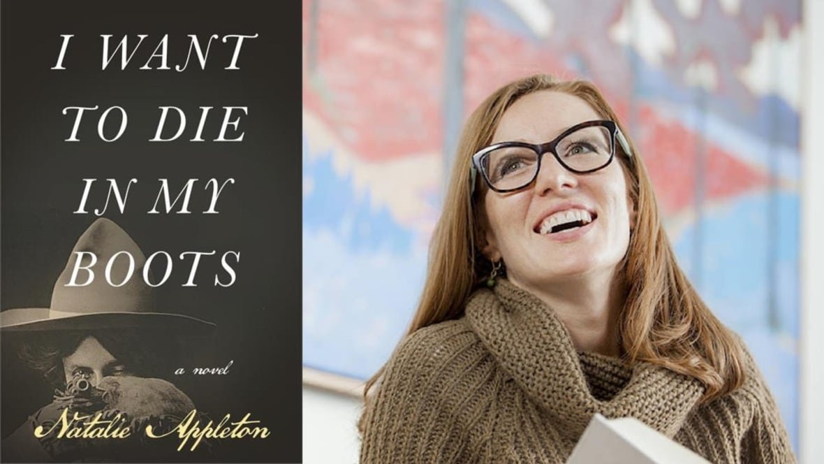 A composite image of a book cover that shows a woman's head wearing a sheriff's hat and holding a revolver that's pointed forward and on the right is a woman with long brown hair and wearing glasses.