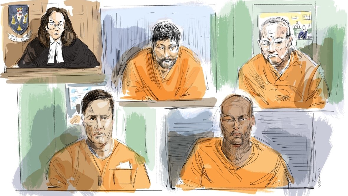 giantslolemoct23 A court sketch of four men in orange prison garb.