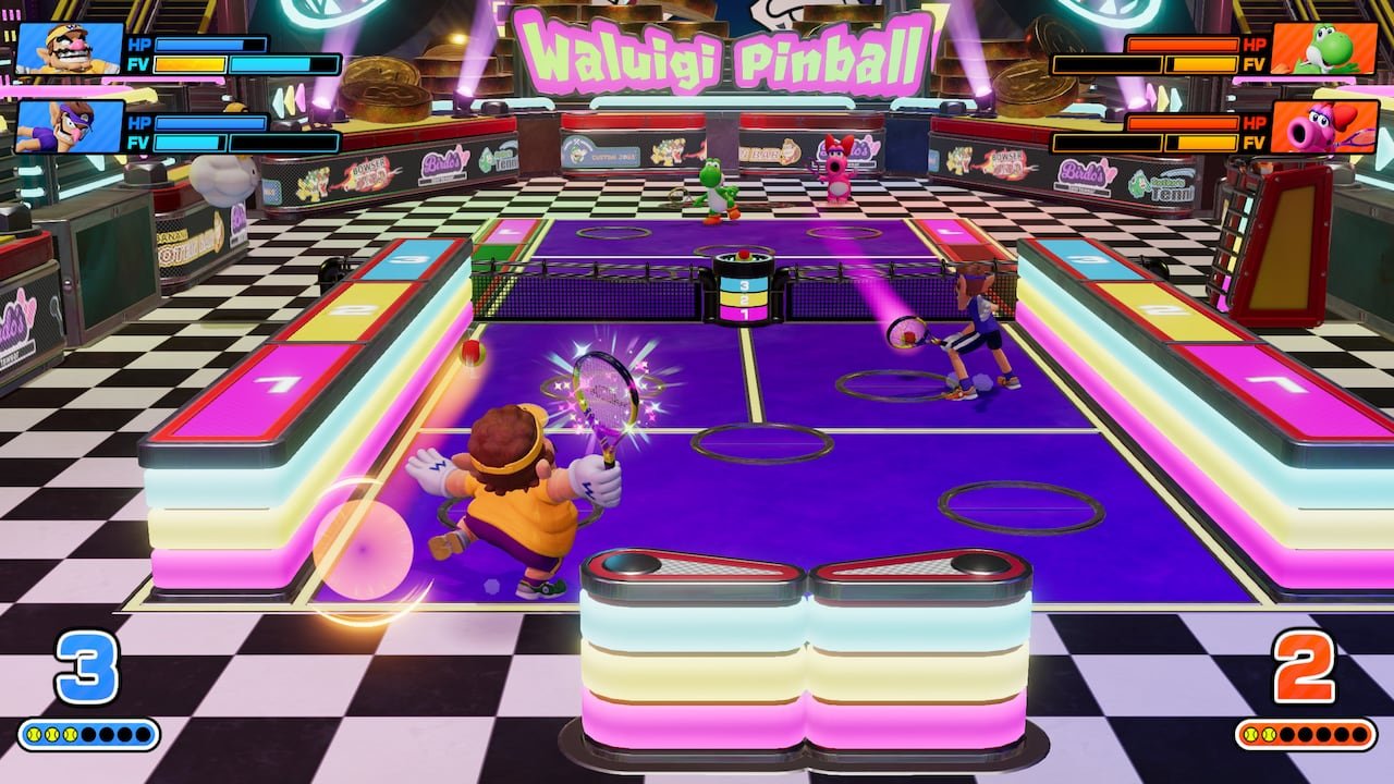 default-616 video game screenshot of Mario characters playing tennis on a large pinball table.