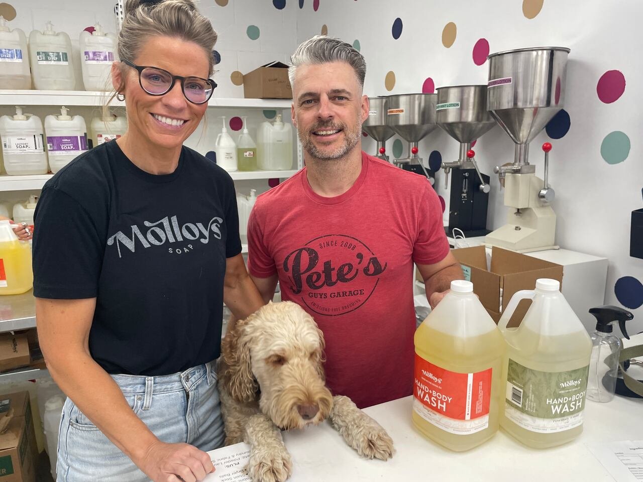 Billie-Jo O'Brien and Pete Molloy are seen with their dog Bubbles.