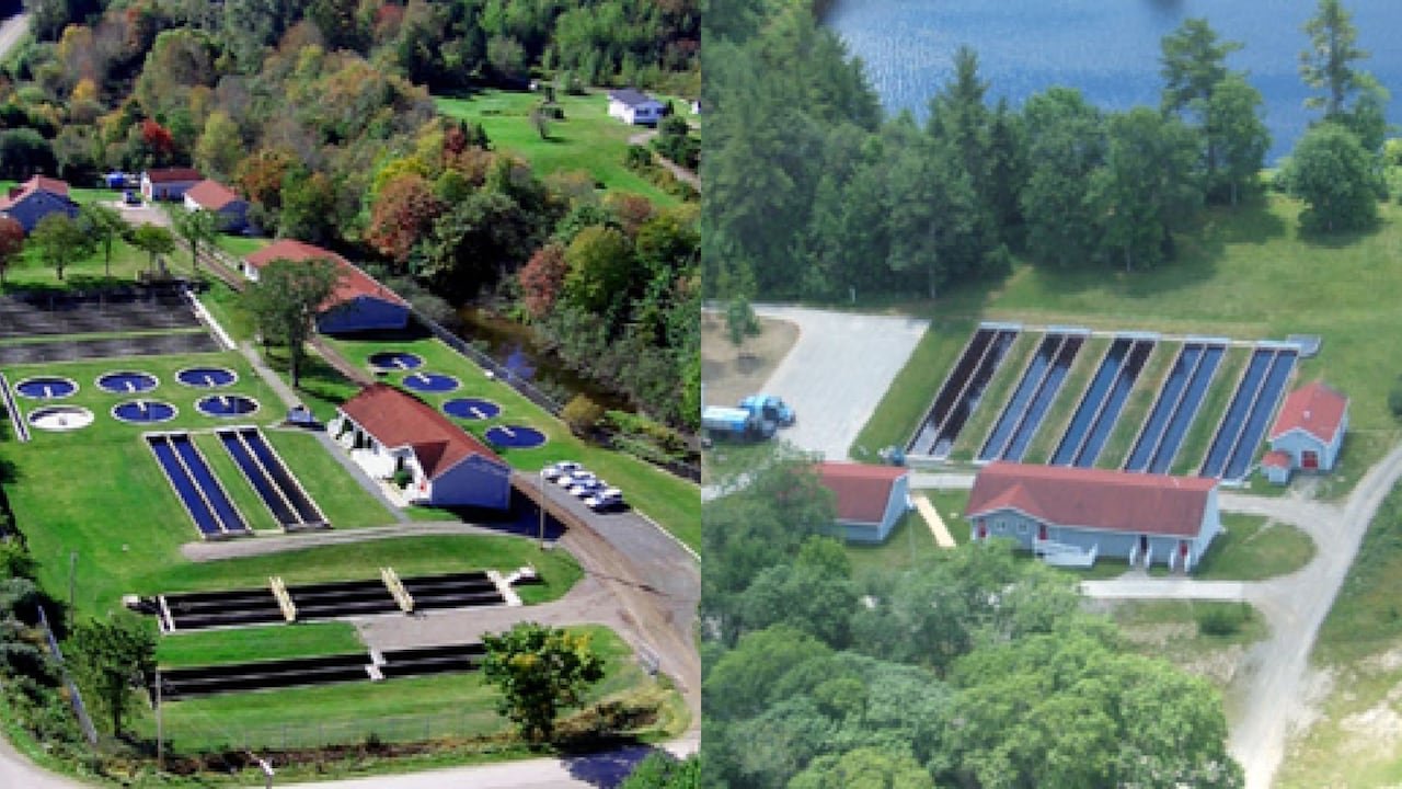 Two photos. Both show a small building with red roofs next to several pools of different shapes.