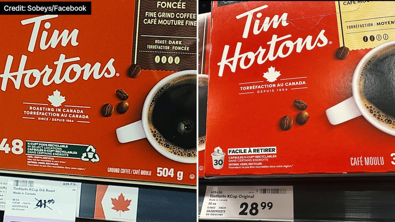 default-994 The photo on the right shows the red maple leafy Symbol Sobeys typically included on the shelf tag for Tim Hortons coffee. The photo on the left, taken last week at a Toronto Sobeys, shows that the symbol has been removed.