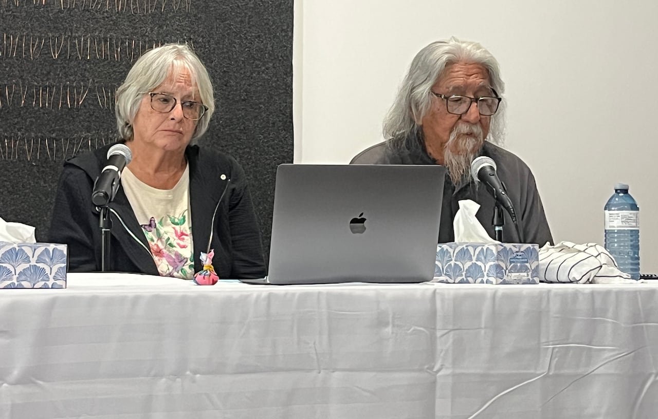 Residential School Survivors Roberta Hill (left) and Sam Achneepineskum presented evidence in front of the Permanent Peoples Tribunal on Tuesday, May 26 at the daphne art centre in Montreal.